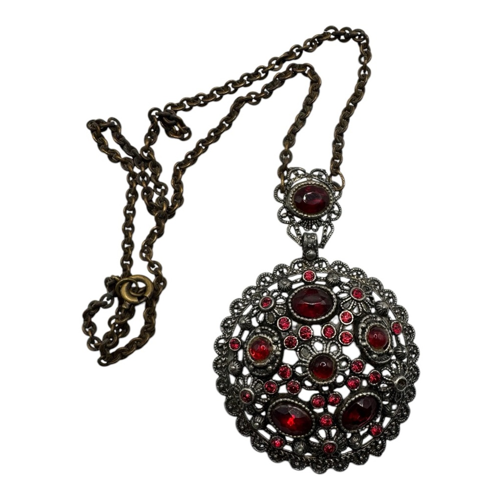 Vintage NE Glass Works Filigree Pendant Necklace – Red Glass Stones, Goblet Mark